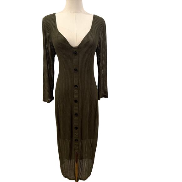 Express V Neck Olive Green Ribbed Midi Dress 3/4 Sheer Sleeves Large Fall Chic - Picture 1 of 6